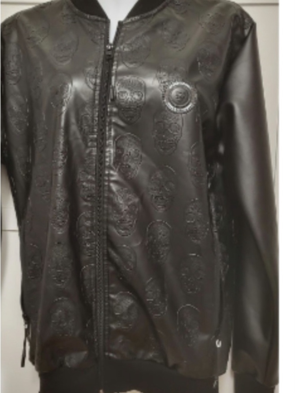 Men's Black Embossed Leather-Look Bomber Jacket
